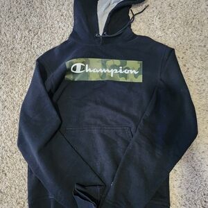 Champion Black Hoodie with Green Camo Logo
